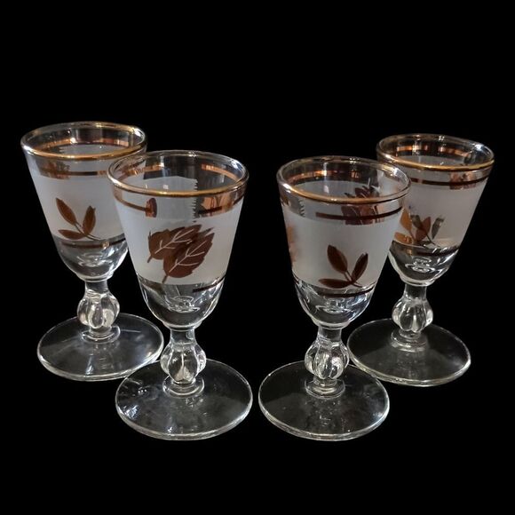 Libbey Golden Foliage Cordial Glasses Frosted Stemmed Gold Oak Leaf MCM Mad Men. - Picture 8 of 16